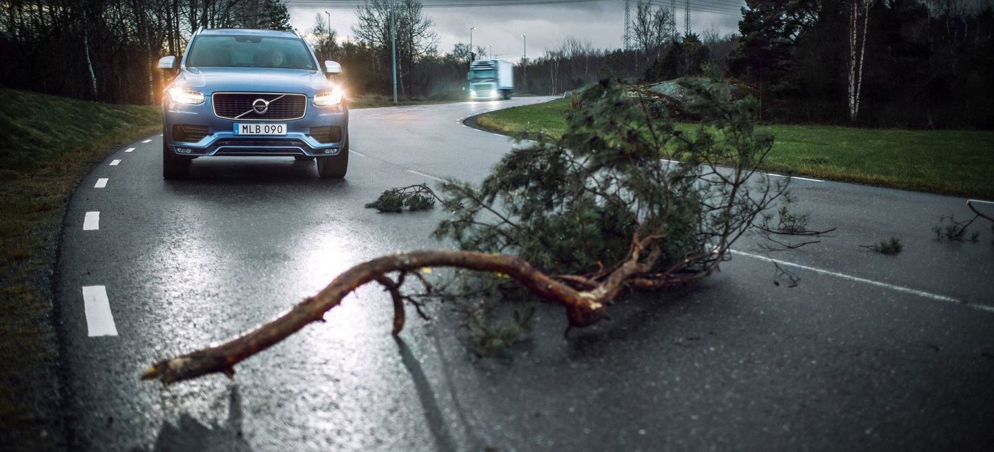 Obstáculo en la carretera por culpa de la fuerza del viento | Foto: Volvo.